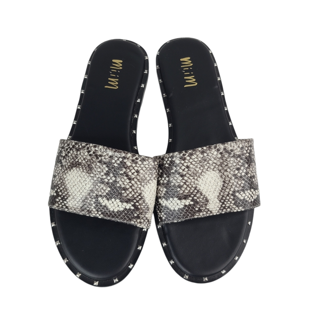 Mi.im taupe and white snake print faux leather slip-on slide flats studded sz 9